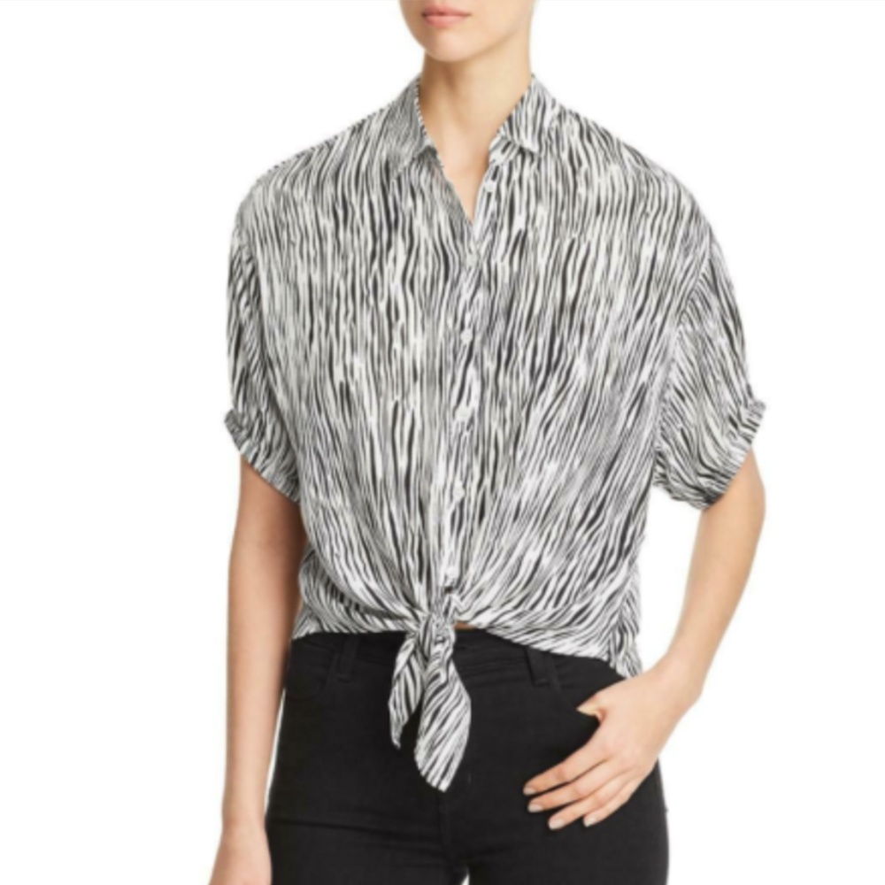 Three Dots Animal Print Tie Front Button-Down Top